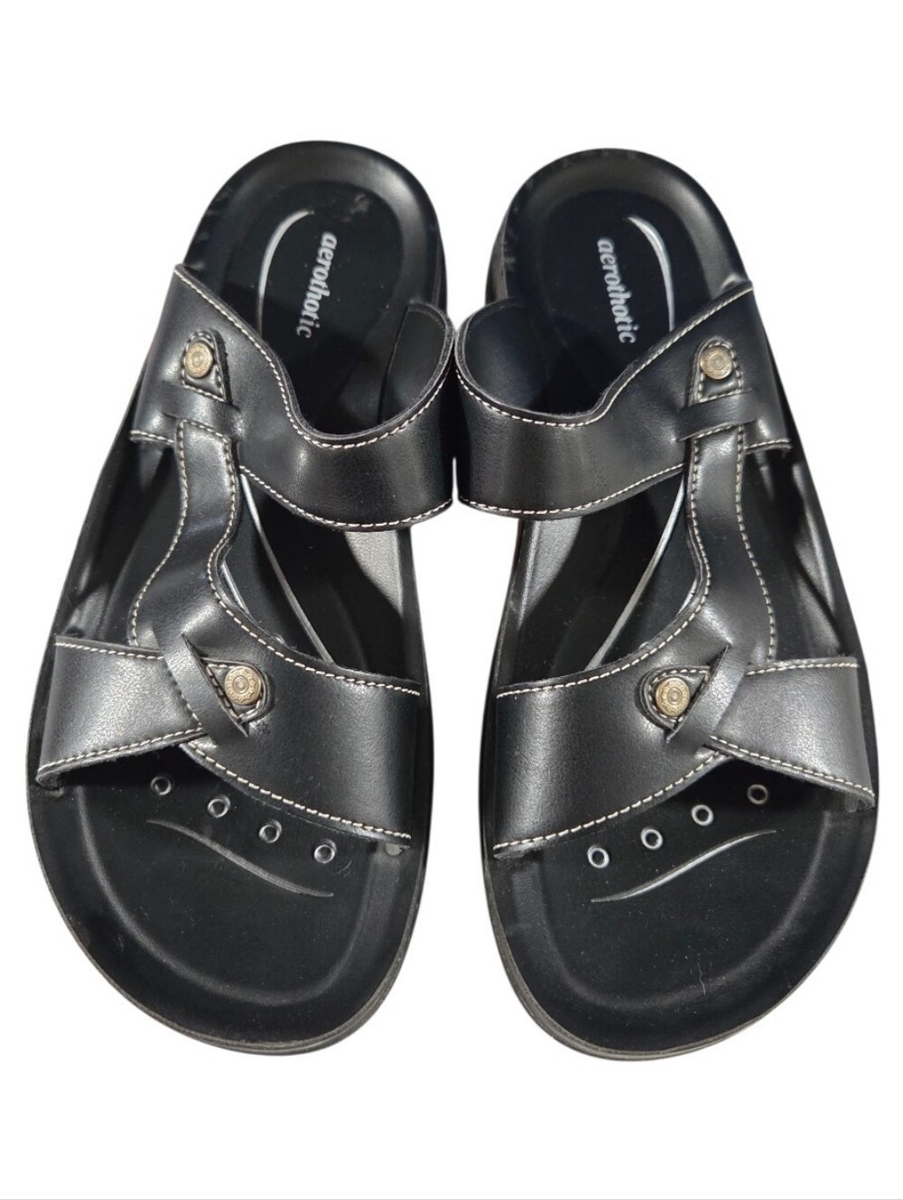 Aerothotic Women's Black Thistle Open Toe Slip Black Comfort Slide Sandals 8